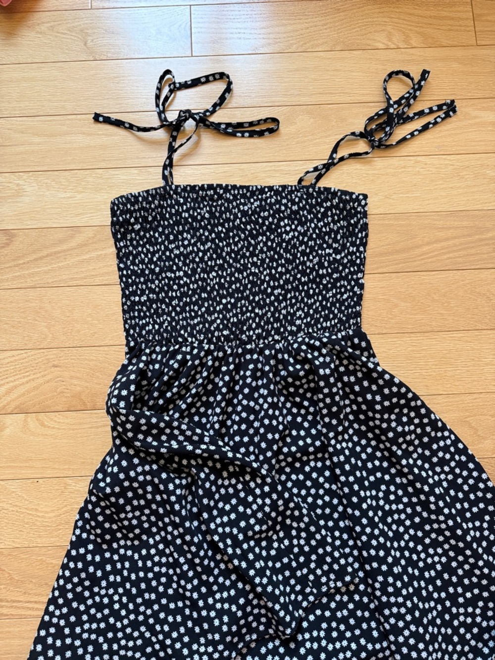 Black Smocked Sundress with White Daisy Print